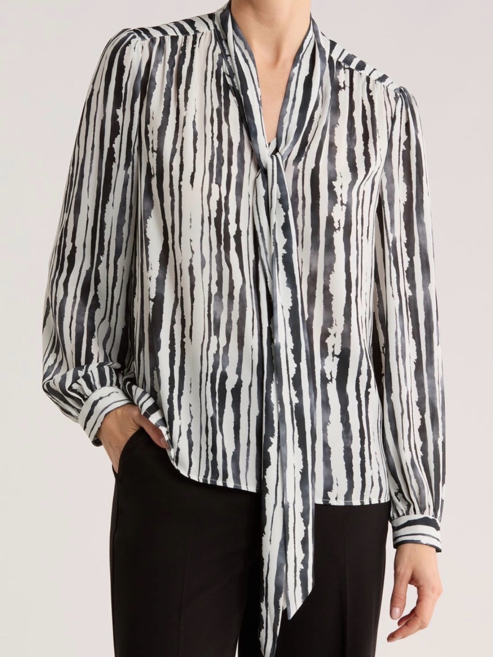Womens Black & White Striped Tie-Neck Blouse M NWT